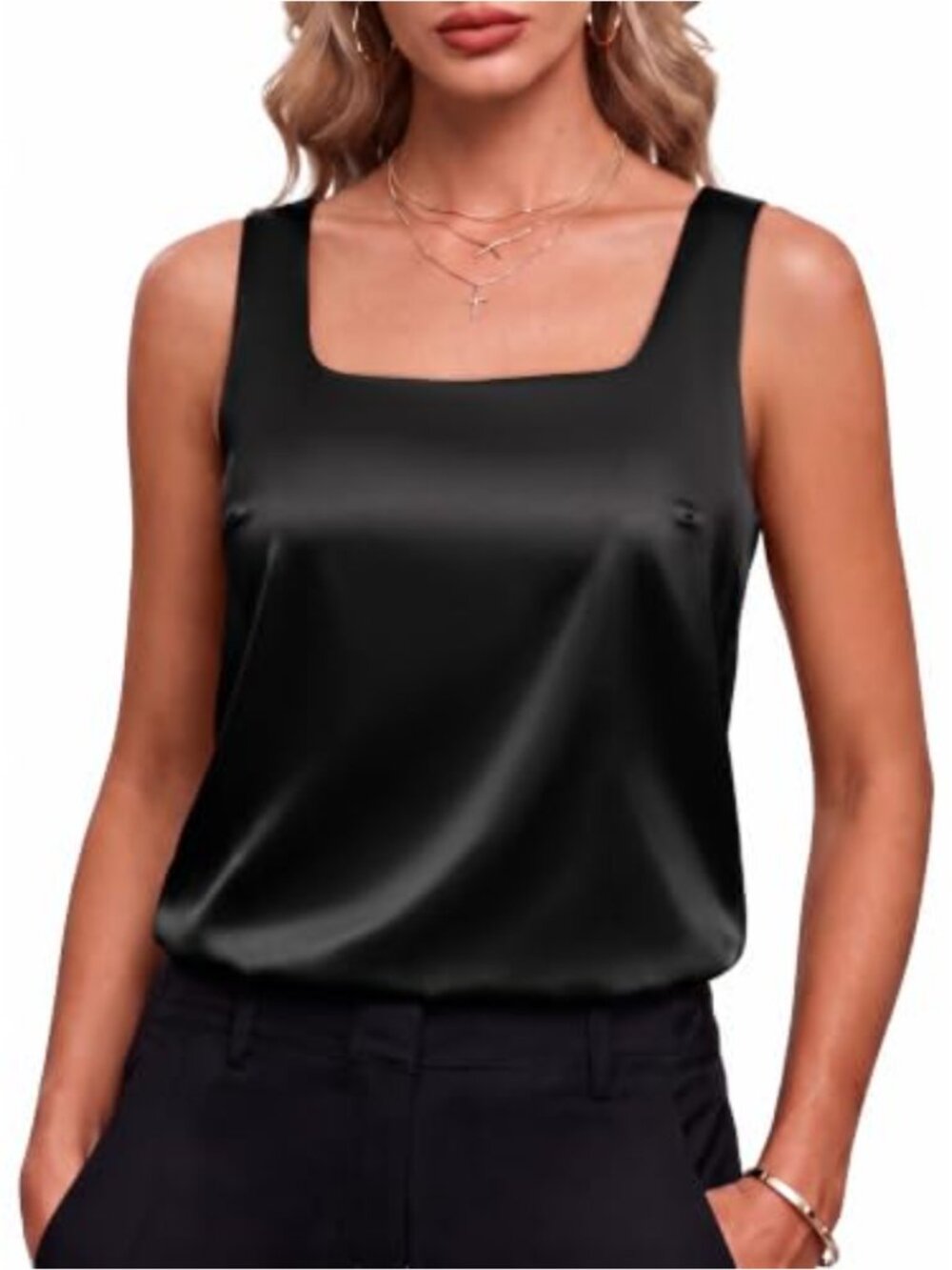 Lined Satin Tank Top Square Neck Camisole Silky Smooth Dressy Layering